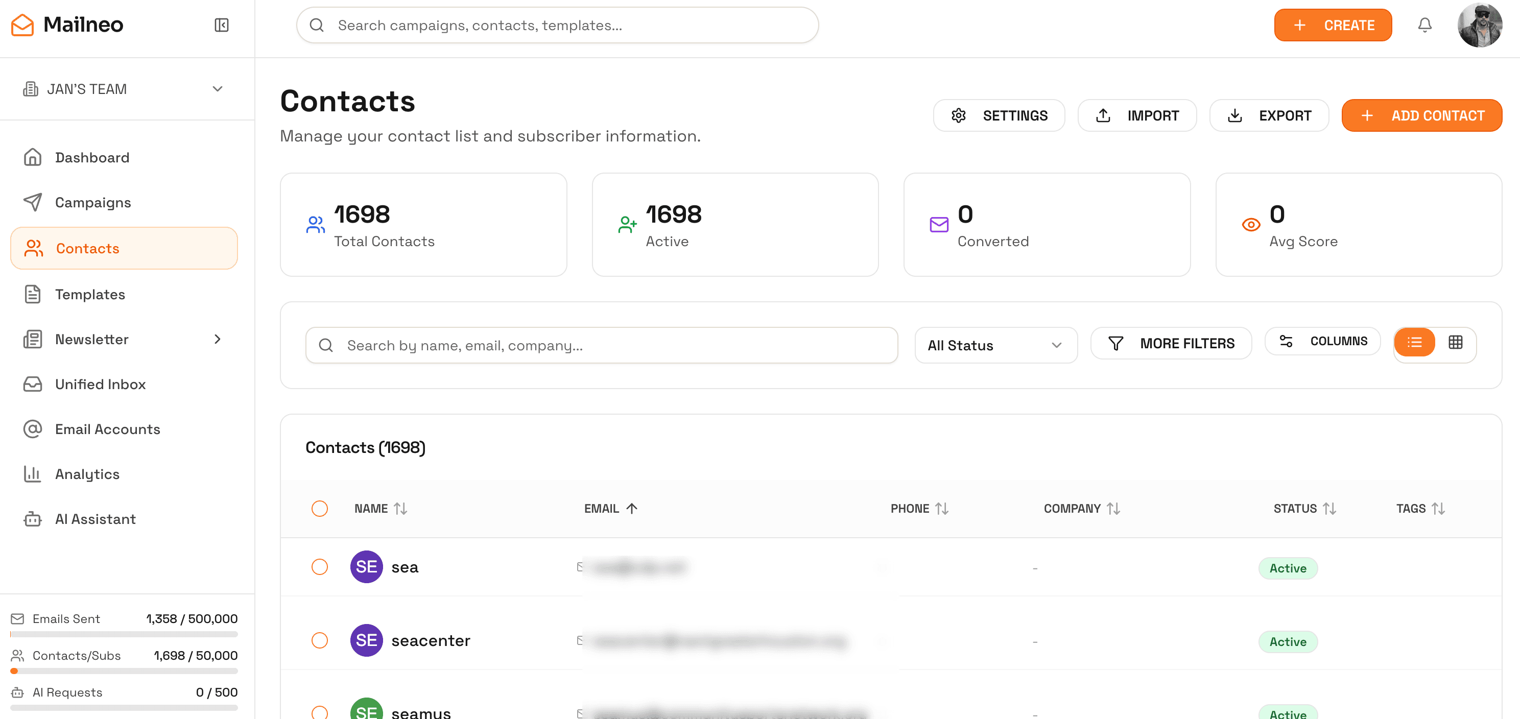 Mailneo contacts manager